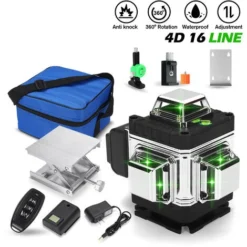 Niveau Laser 4D 360 ° 16 Lignes Automatique Croix Rotatifs Télécommande Niveau + Base Rotative + Alimentation + Mallette De Transport + Support Mural