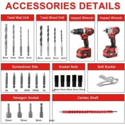 Brushless Clé à Chocs Sans Fil 320Nm, Perceuse A Percussion,TEENO Pack 2 Outils, 2 Batterie 3.0Ah,1 Chargeur, 29 Accessoires, 2 Vitesses, Avec Boite En Plastique -Promos Brico Forte Boutique 60163062 4