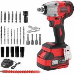 Brushless Clé à Chocs Sans Fil Sans Avec Adaptateur,1Batterie 3.0AH TEENO,5 Douilles à Chocs, Avc 26pcs Accessoires (Une Batterie)