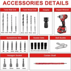 Brushless Clé à Chocs Sans Fil Sans Avec Adaptateur,1Batterie 3.0AH TEENO,5 Douilles à Chocs, Avc 26pcs Accessoires (Une Batterie) -Promos Brico Forte Boutique 63862139 4