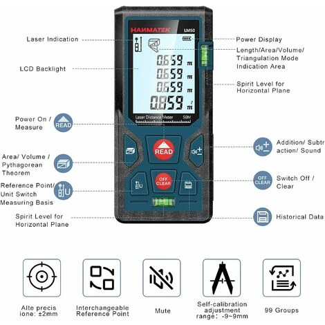 Télémètre Laser Numérique, LM50 50 M Lasermètre Numérique, Théorème De Longueur/surface/volume/théorème De Pythagore Avec Rétroéclairage LCD, IP54(50m) 2 Télémètre Laser Numérique, LM50 50 M Lasermètre Numérique, Théorème De Longueur/surface/volume/théorème De Pythagore Avec Rétroéclairage LCD, IP54(50m) – Image 2