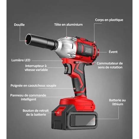 Boulonneuse A Choc Sans Fil, Perceuse Visseuse Devisseuse San Fil - Avec 2 Batteries 24V, 350 Nm, 0-3000 Tr/min, Lumière LED 2 Boulonneuse A Choc Sans Fil, Perceuse Visseuse Devisseuse San Fil - Avec 2 Batteries 24V, 350 Nm, 0-3000 Tr/min, Lumière LED – Image 2