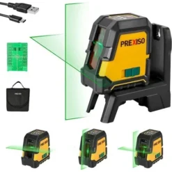 PREXISO Niveau Laser Auto-nivelant Rechargeable 30M (Faisceau Vert), Traceur De Ligne Laser Avec Batterie 2600mAh, Ligne Laser Croisé Avec Base Magnétique Pivotante, Plaque Cible Et Sac Portable