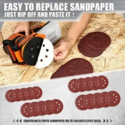 20 Pcs Ponceuse Excentrique 450W TACKLIFE, 13000 RPM, Système De Dépoussiérage, Ponceuse Orbitale à Vitesse Variable - PRS03A -Promos Brico Forte Boutique 87563951 4