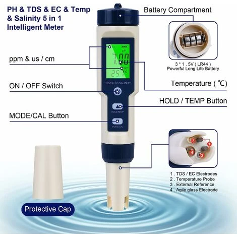PH-mètre électronique 5 En 1, PH-mètre Avec écran LCD Rétroéclairé, Testeur De Qualité De L'eau Pour Tester Le PH/TDS/EC/température/salinité, Pour Eau Potable/aquariums/piscine 2 PH-mètre électronique 5 En 1, PH-mètre Avec écran LCD Rétroéclairé, Testeur De Qualité De L'eau Pour Tester Le PH/TDS/EC/température/salinité, Pour Eau Potable/aquariums/piscine – Image 2