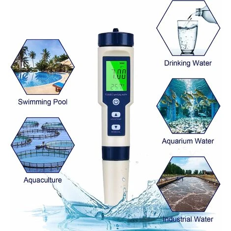 PH-mètre électronique 5 En 1, PH-mètre Avec écran LCD Rétroéclairé, Testeur De Qualité De L'eau Pour Tester Le PH/TDS/EC/température/salinité, Pour Eau Potable/aquariums/piscine 3 PH-mètre électronique 5 En 1, PH-mètre Avec écran LCD Rétroéclairé, Testeur De Qualité De L'eau Pour Tester Le PH/TDS/EC/température/salinité, Pour Eau Potable/aquariums/piscine – Image 3