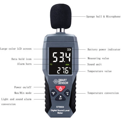 Sonomètre SMART SENSOR Sonomètre Enregistreur De Niveau Sonore Testeur Du Bruit Sonomètre Audionumérique, Plage De Mesure 30-130dB 4 Sonomètre SMART SENSOR Sonomètre Enregistreur De Niveau Sonore Testeur Du Bruit Sonomètre Audionumérique, Plage De Mesure 30-130dB – Image 4