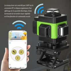 Niveau Laser, 16 Lignes Vertes Auto-nivellement 3°, Télécommande Affichage LED, Avec 2 Batteries Rechargeables Et Un Trépied D'extension En Alliage D'aluminium De 1,2 Mètre, Vert -Promos Brico Forte Boutique 96439958 4
